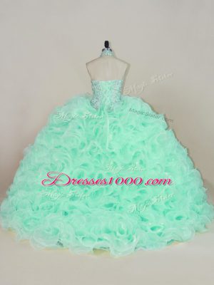 Affordable Apple Green Halter Top Lace Up Beading and Ruffles Quinceanera Gowns Brush Train Sleeveless