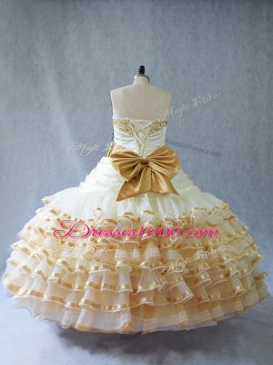 Floor Length Lace Up Sweet 16 Quinceanera Dress Champagne for Sweet 16 and Quinceanera with Embroidery and Ruffled Layers