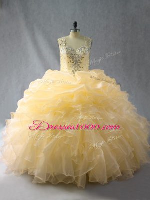 Sleeveless Organza Floor Length Zipper Quinceanera Dress in Gold with Beading and Ruffles