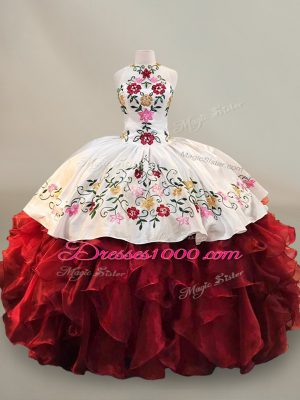 Eye-catching Sleeveless Organza Floor Length Lace Up Sweet 16 Quinceanera Dress in Red with Embroidery and Ruffles