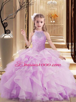 Beauteous Sleeveless Tulle Floor Length Lace Up Little Girls Pageant Dress Wholesale in Lilac with Beading