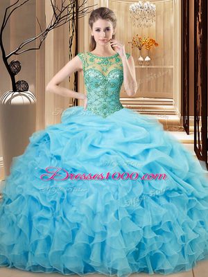 Smart Baby Blue Sleeveless Beading and Ruffles Floor Length Quince Ball Gowns