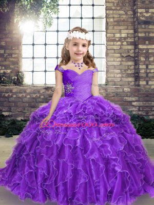Customized Straps Sleeveless Organza Pageant Dress for Teens Beading and Ruffles Lace Up