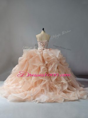 Lace Up 15th Birthday Dress Champagne and Pink And White for Sweet 16 and Quinceanera with Beading and Ruffles Brush Train