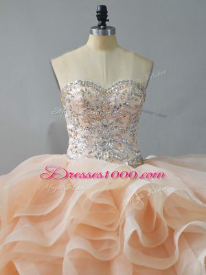 Lace Up 15th Birthday Dress Champagne and Pink And White for Sweet 16 and Quinceanera with Beading and Ruffles Brush Train