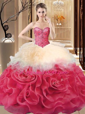 Most Popular Red Sweetheart Lace Up Beading and Ruffles Sweet 16 Dresses Sleeveless