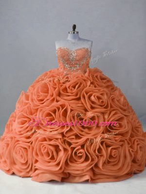 Sweetheart Sleeveless Fabric With Rolling Flowers Quinceanera Gowns Beading Brush Train Lace Up