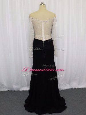 New Arrival Black Chiffon Zipper Off The Shoulder Long Sleeves Floor Length Prom Evening Gown Beading