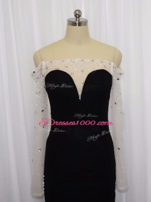 New Arrival Black Chiffon Zipper Off The Shoulder Long Sleeves Floor Length Prom Evening Gown Beading
