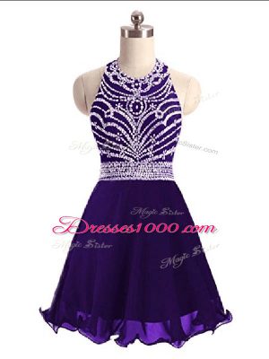 Nice Mini Length Purple Party Dress Wholesale Halter Top Sleeveless Lace Up