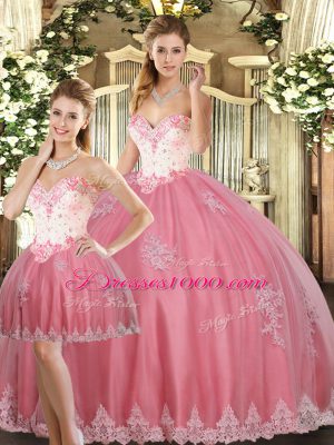 Fashion Watermelon Red Sleeveless Floor Length Beading and Appliques Lace Up Quinceanera Gown