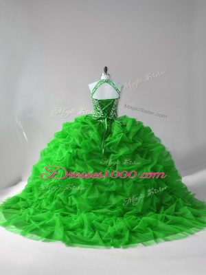 Top Selling Green 15th Birthday Dress Organza Court Train Sleeveless Beading and Pick Ups