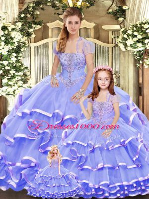 Stylish Lavender Ball Gowns Organza Strapless Sleeveless Beading and Ruffled Layers Floor Length Lace Up Sweet 16 Dresses