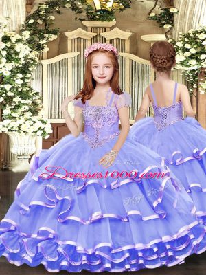 Stylish Lavender Ball Gowns Organza Strapless Sleeveless Beading and Ruffled Layers Floor Length Lace Up Sweet 16 Dresses