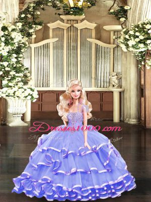 Stylish Lavender Ball Gowns Organza Strapless Sleeveless Beading and Ruffled Layers Floor Length Lace Up Sweet 16 Dresses