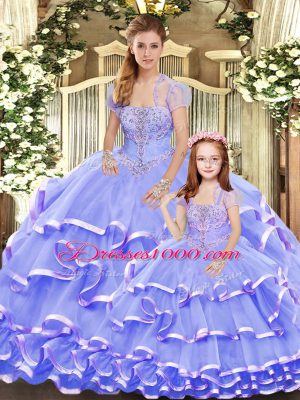 Stylish Lavender Ball Gowns Organza Strapless Sleeveless Beading and Ruffled Layers Floor Length Lace Up Sweet 16 Dresses