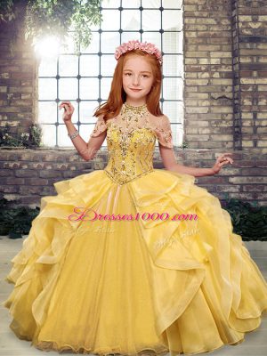 Eye-catching Floor Length Lace Up Pageant Gowns For Girls Gold for Party and Wedding Party with Beading and Ruffles