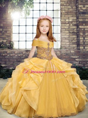Trendy Gold Ball Gowns Organza Off The Shoulder Sleeveless Beading and Ruffles Floor Length Lace Up Party Dress Wholesale