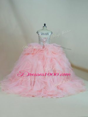 Off The Shoulder Sleeveless Brush Train Lace Up Quinceanera Dresses Pink Organza