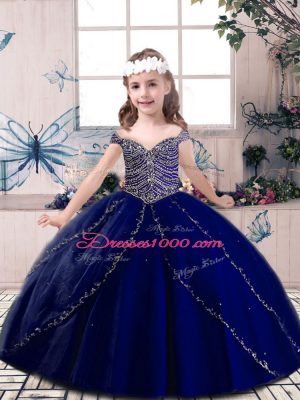 Wonderful Tulle Straps Sleeveless Lace Up Beading Pageant Dress in Blue