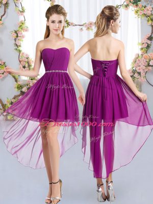 High Low Purple Bridesmaids Dress Chiffon Sleeveless Beading