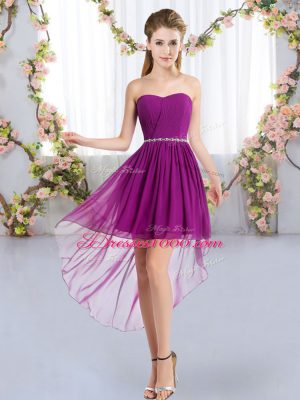 High Low Purple Bridesmaids Dress Chiffon Sleeveless Beading