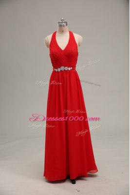 Floor Length Red Evening Dress Halter Top Sleeveless Zipper