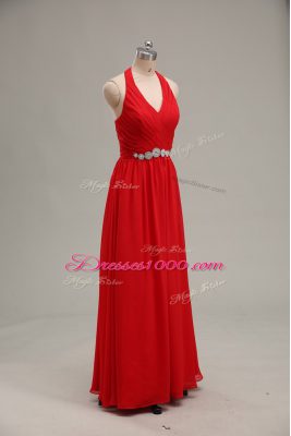 Floor Length Red Evening Dress Halter Top Sleeveless Zipper