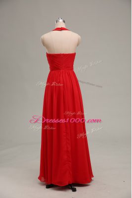 Floor Length Red Evening Dress Halter Top Sleeveless Zipper