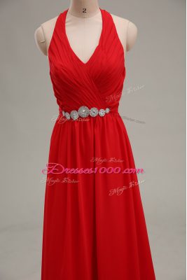 Floor Length Red Evening Dress Halter Top Sleeveless Zipper