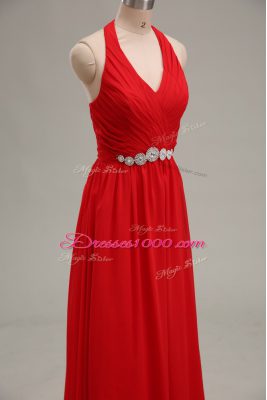 Floor Length Red Evening Dress Halter Top Sleeveless Zipper