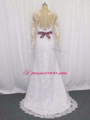Eye-catching White Clasp Handle Scoop Lace and Belt Wedding Dress Tulle Long Sleeves Sweep Train