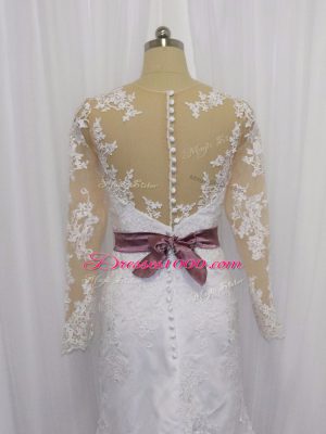 Eye-catching White Clasp Handle Scoop Lace and Belt Wedding Dress Tulle Long Sleeves Sweep Train