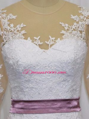Eye-catching White Clasp Handle Scoop Lace and Belt Wedding Dress Tulle Long Sleeves Sweep Train