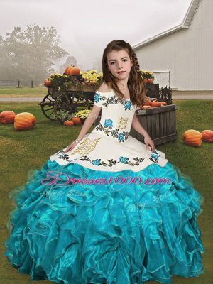 Aqua Blue Sleeveless Floor Length Embroidery and Ruffles Lace Up Little Girls Pageant Dress Wholesale