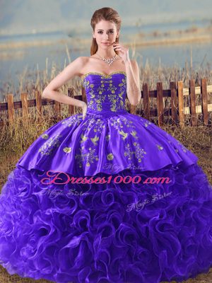 Exquisite Purple Fabric With Rolling Flowers Lace Up Sweet 16 Dresses Sleeveless Brush Train Embroidery and Ruffles