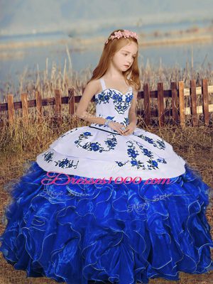 Royal Blue Ball Gowns Straps Sleeveless Organza Floor Length Lace Up Embroidery and Ruffles Little Girl Pageant Dress