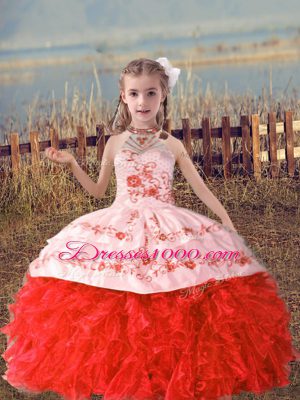 Coral Red Lace Up Party Dress Wholesale Beading and Embroidery and Ruffles Sleeveless Floor Length