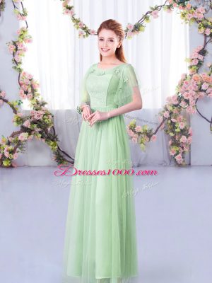 Superior Apple Green Side Zipper Bridesmaids Dress Lace and Belt Short Sleeves Floor Length