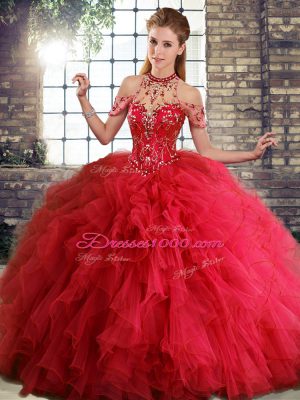 Trendy Red Sleeveless Beading and Ruffles Floor Length Quinceanera Dress