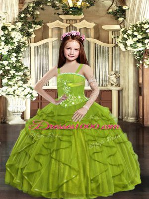 Ball Gowns Little Girl Pageant Dress Olive Green Straps Tulle Sleeveless Floor Length Lace Up