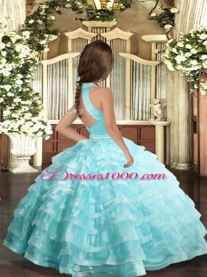 Aqua Blue Halter Top Backless Beading and Ruffled Layers Party Dress Sleeveless