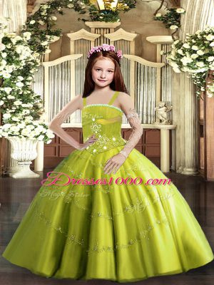 Sweet Yellow Green Ball Gowns Straps Sleeveless Tulle Floor Length Lace Up Beading Little Girl Pageant Gowns