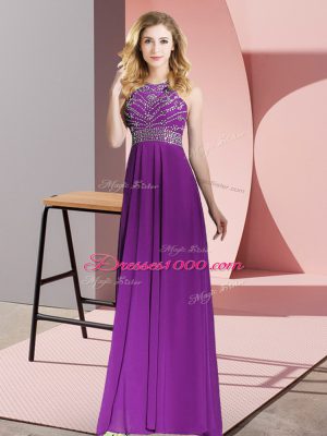 Floor Length Purple Dress for Prom Chiffon Sleeveless Beading
