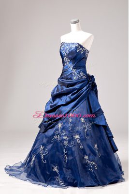 Blue One Shoulder Lace Up Embroidery and Hand Made Flower Quinceanera Gown Sleeveless