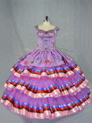 Exceptional Purple Lace Up Sweet 16 Dresses Embroidery and Ruffled Layers Sleeveless Floor Length
