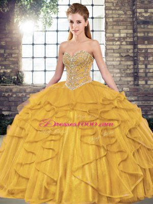 High End Sleeveless Tulle Floor Length Lace Up Sweet 16 Dress in Gold with Beading and Ruffles