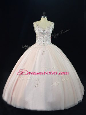 Customized Pink Tulle Lace Up V-neck Sleeveless Floor Length Sweet 16 Dresses Beading