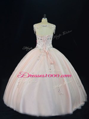 Customized Pink Tulle Lace Up V-neck Sleeveless Floor Length Sweet 16 Dresses Beading