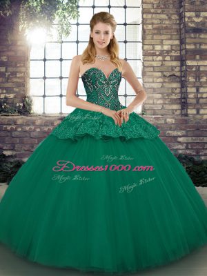 Luxurious Green Ball Gowns Tulle Sweetheart Sleeveless Beading and Appliques Floor Length Lace Up Vestidos de Quinceanera